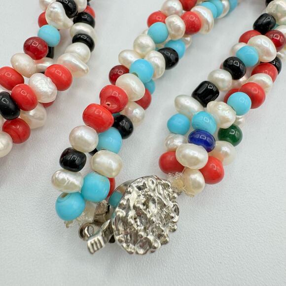 Artisan Pearl Glass Bead Triple Strand Twisted Necklace Box Clasp Red White Blue - Picture 6 of 9